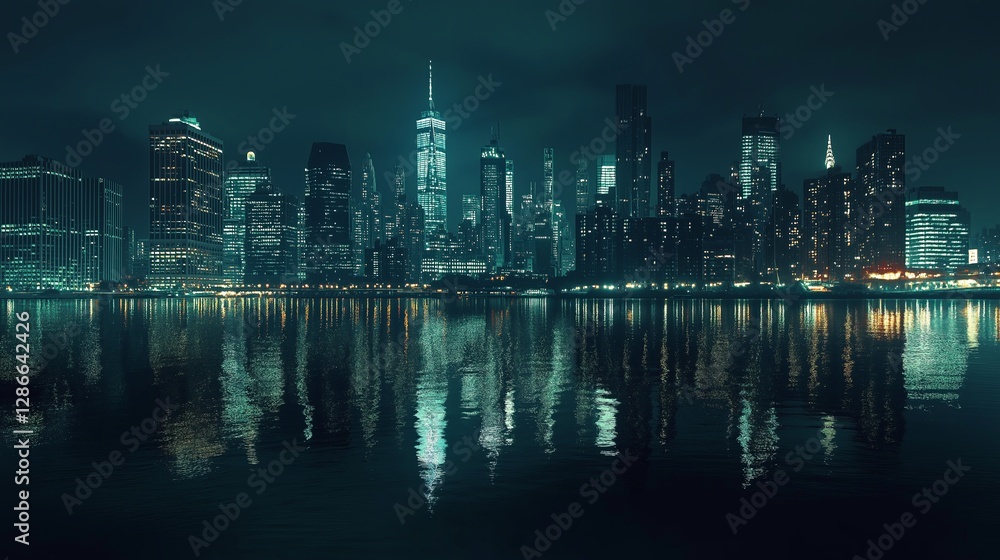 Fototapeta premium A dreamy reflection of a city skyline on calm water at night.
