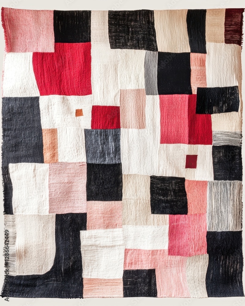 Abstract Patchwork Textile Art Geometric Red Pink Black White Beige Woven Blanket Throw Abstract Patchwork Textile Art Geometric Red Pink Black White Beige Woven Blanket Throw