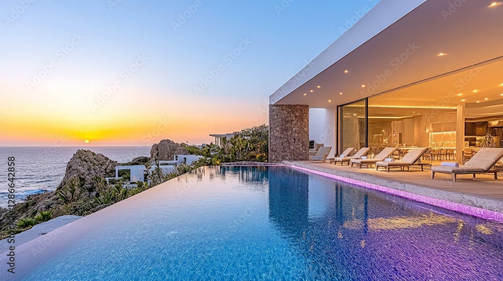 Fototapeta premium Sunset ocean view luxury villa pool