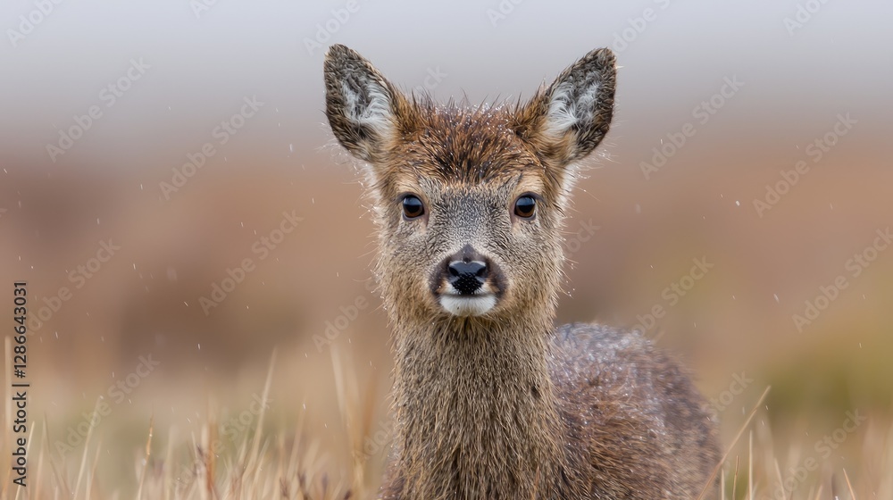 Fototapeta premium Fawn in field, misty day, close-up, wildlife, nature