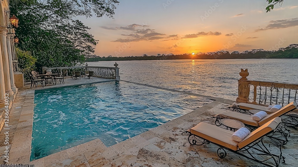 Obraz premium Sunset view luxury poolside villa