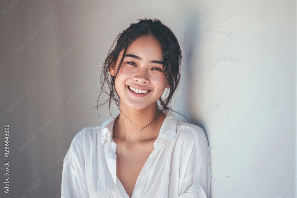 Smiling woman in white shirt leaning against a wall in soft light Smiling woman in white shirt leaning against a wall in soft light
