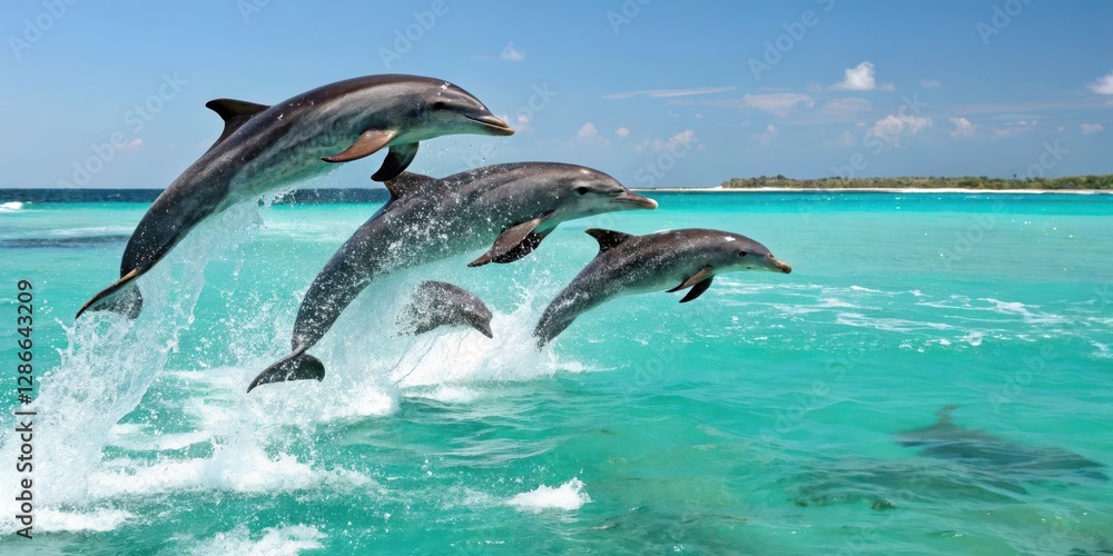 Fototapeta premium Dolphins Leaping Joyfully Above Turquoise Water Near Tropical Beach