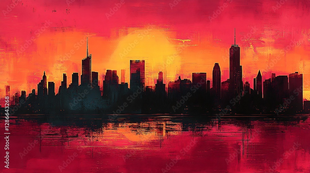 Fototapeta premium Fiery Sunset Cityscape Bold Silhouette Warm Color Palette. AI Generated