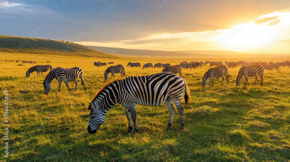 Fototapeta premium Majestic Zebras Grazing in Golden Grasslands at Sunset in African Savanna