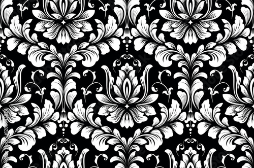 Wallpaper in the style of Baroque. White and black floral ornament. Seamless vector background. Graphic pattern for fabric, wallpaper, packaging. Ornate Damask flower illustration.