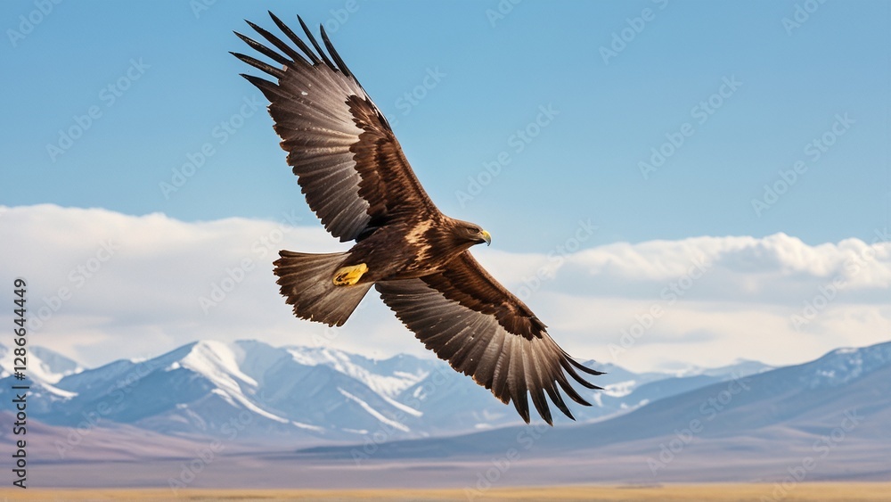 Naklejka premium A majestic bird soars over snow-capped mountains, its wings spread wide against a clear blue sky.