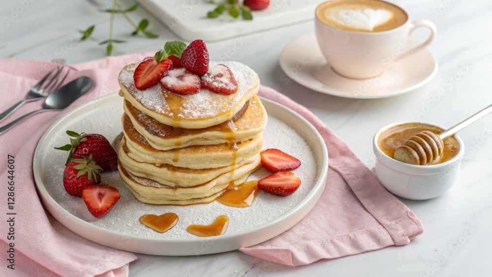 Heart-Shaped Pancakes Topped with Syrup and Strawberries Served with Latte Art Coffee Heart-Shaped Pancakes Topped with Syrup and Strawberries Served with Latte Art Coffee