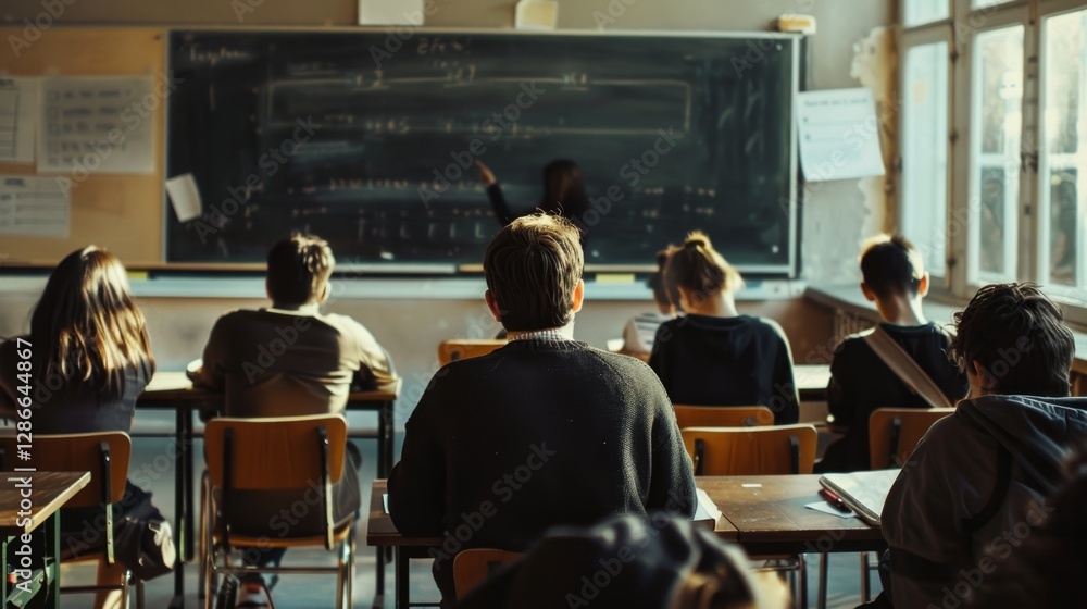 Obraz premium Teacher in Dark Sweater Engages Students in Bright Classroom Setting