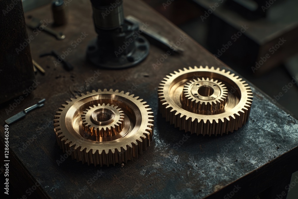 Close-up of two intricate brass gears resting on a dark workbench, showcasing precision engineering. Close-up of two intricate brass gears resting on a dark workbench, showcasing precision engineering.