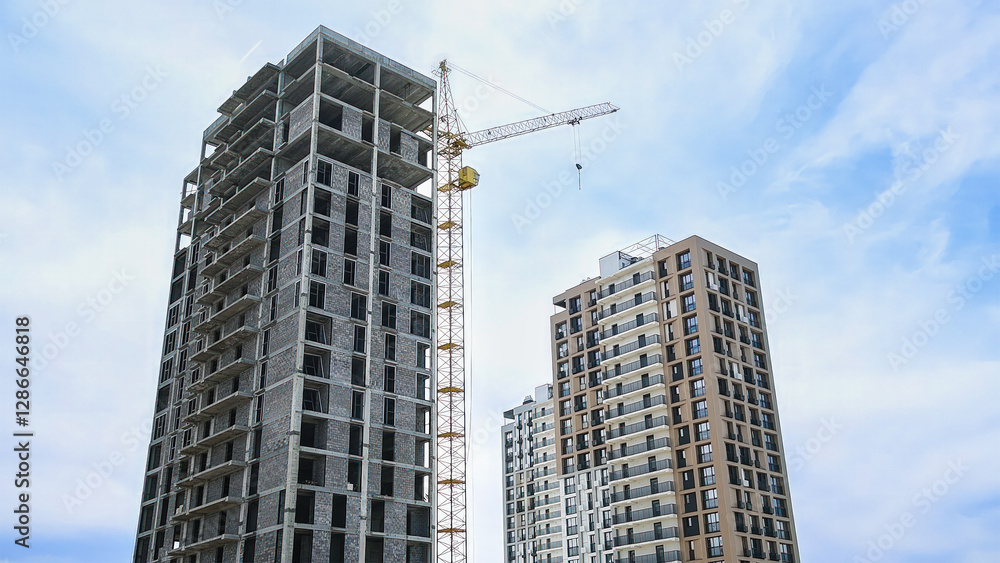 Fototapeta premium Building crane and building under construction against blue sky