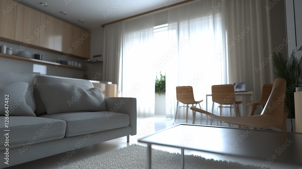 Fototapeta premium Modern open-plan living area, natural light, spacious kitchen, relaxing ambiance