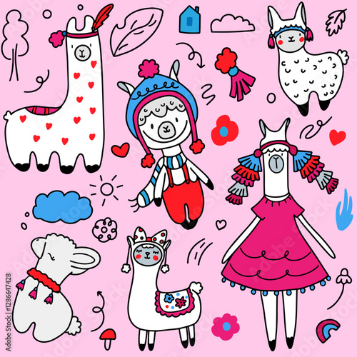 Llama, cute children's doodle set with llamas on pink background