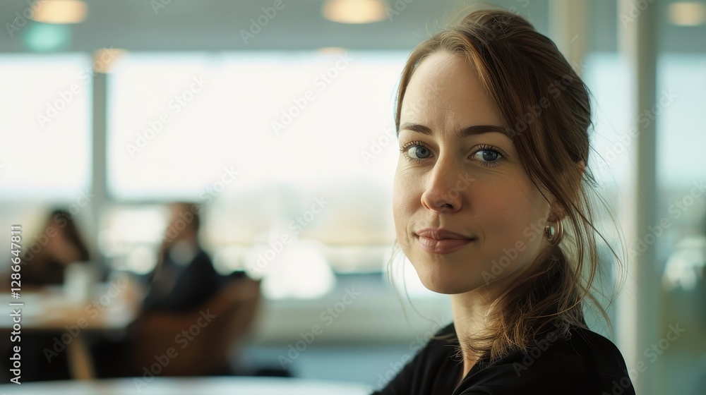 A confident woman in an office setting engaging with the camera A confident woman in an office setting engaging with the camera