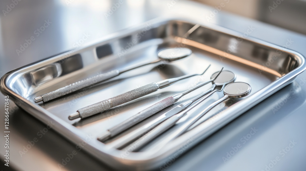 metal tray containing various dental tools for oral examination, including mirrors and probes, on reflective surface metal tray containing various dental tools for oral examination, including mirrors and probes, on reflective surface