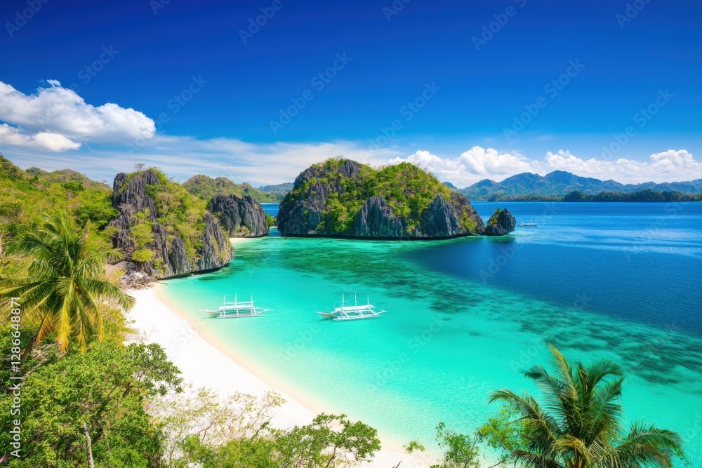 Fototapeta premium A tropical island with turquoise waters, a snow-white beach, palm trees, and the sun at its zenith.