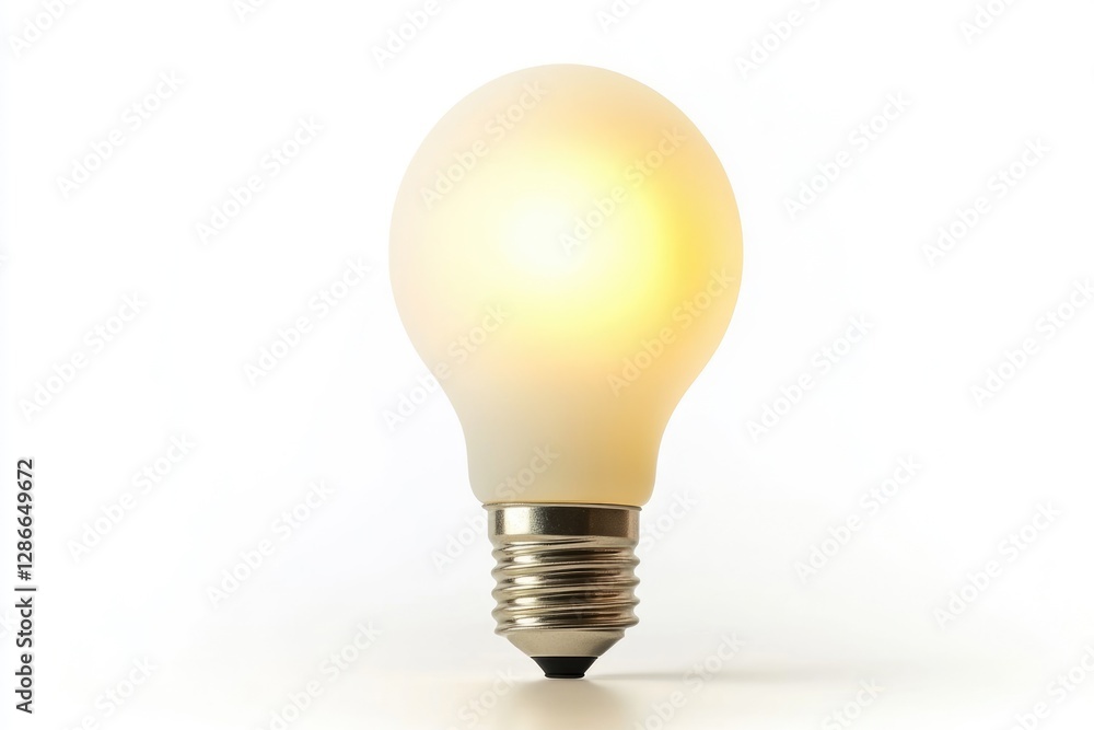 A glowing, frosted light bulb with a warm, yellowish light, on a white background. A glowing, frosted light bulb with a warm, yellowish light, on a white background.