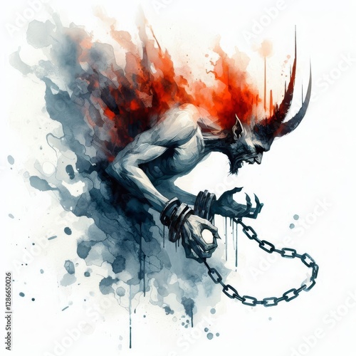 The chained devil's descent, A minimalist watercolor depiction of damnation