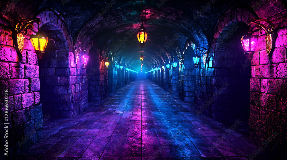 Neon-lit stone tunnel, fantasy background, mysterious path Neon-lit stone tunnel, fantasy background, mysterious path
