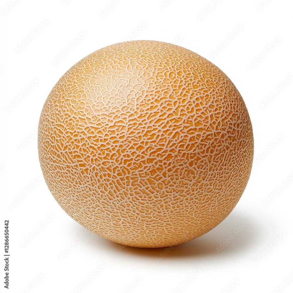 A Perfectly Ripe Cantaloupe Melon on a Pristine White Background, Showcasing its Detailed Texture and Rich Golden Hue