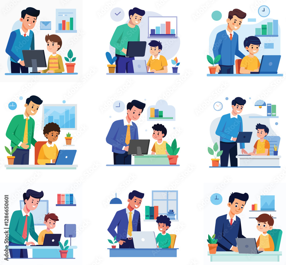 Modern Office Learning and Mentorship Vector Illustration Set Modern Office Learning and Mentorship Vector Illustration Set