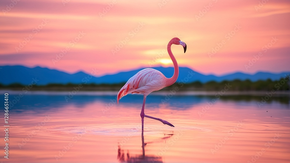 Fototapeta premium Pink flamingo stands in water at sunset, reflecting vibrant hues of pink and orange.