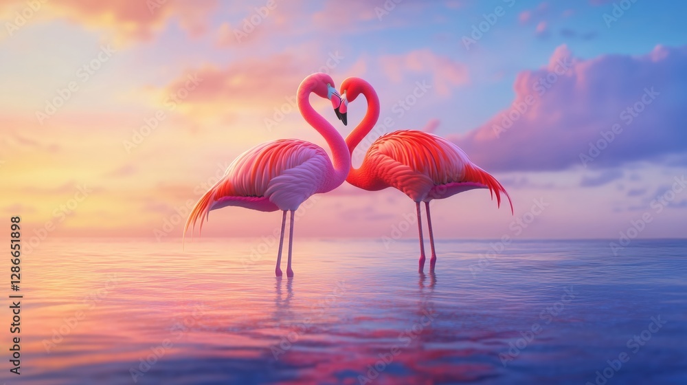 Obraz premium Romantic Flamingos in Tranquil Waters Sunrise Moment Nature Photography Serene Environment Close-Up View Love Concept
