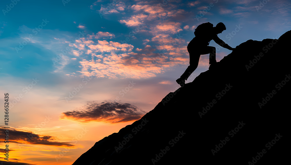 Summit of Ambition: A silhouette of a determined person climbs a steep mountain towards a vibrant sunset, symbolizing the pursuit of goals and the resilience of the human spirit. Summit of Ambition: A silhouette of a determined person climbs a steep mountain towards a vibrant sunset, symbolizing the pursuit of goals and the resilience of the human spirit.