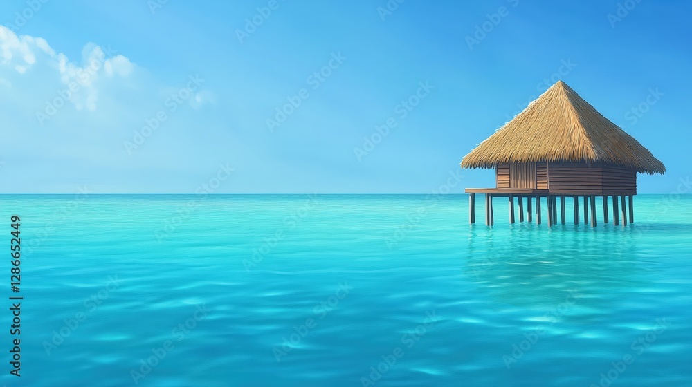 An exotic overwater bungalow scene with a thatched-roof hut on stilts above clear blue waters, with gentle ripples reflecting sunlight. An exotic overwater bungalow scene with a thatched-roof hut on stilts above clear blue waters, with gentle ripples reflecting sunlight.