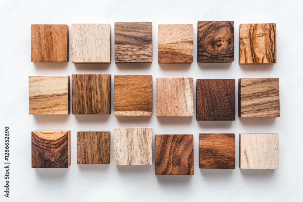 Collection of square wooden blocks showcasing various wood types and grains. Collection of square wooden blocks showcasing various wood types and grains.