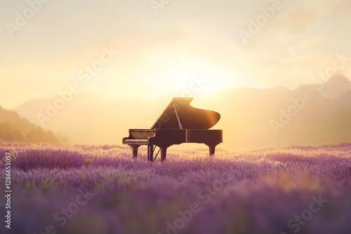 grand piano stands gracefully in lavender field, illuminated by warm sunset. serene landscape evokes sense of tranquility and beauty, perfect for music lovers