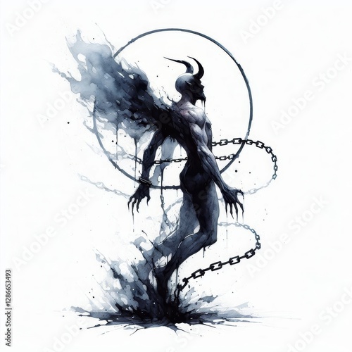 Watercolor depiction of chained devil banished to abyss, minimalist form