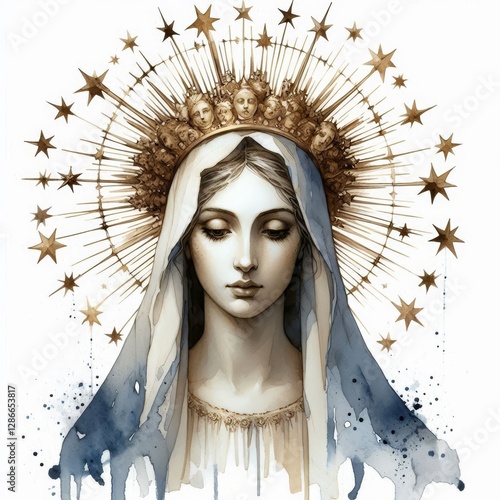 Watercolor depiction of Marian figure crowned with celestial radiance