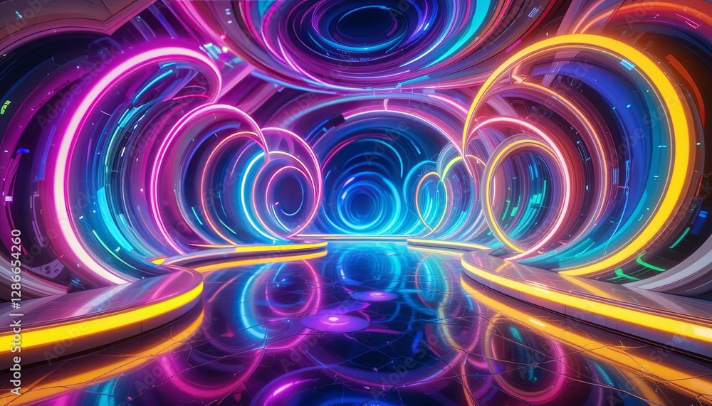 Obraz premium Dynamic neon tunnel futuristic space digital art virtual environment wide angle connectivity