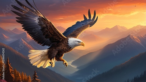 A majestic bald eagle soars over a mountain range at sunset, casting a shadow over a forested valley.