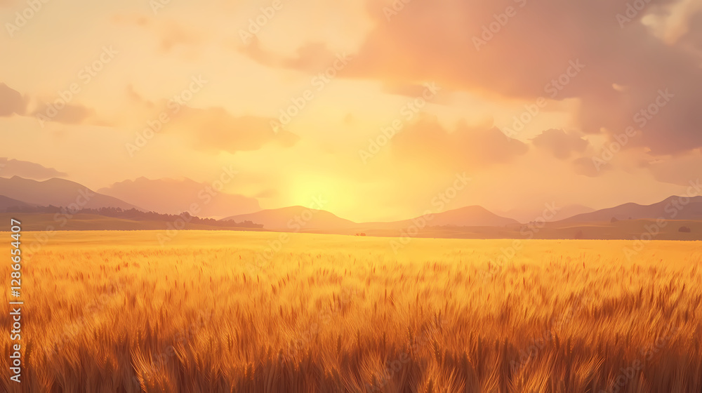 Golden Fields at Sunset: An expansive field of golden wheat sways gently in the breeze, bathed in the warm hues of a setting sun, creating a sense of peace and abundance. Golden Fields at Sunset: An expansive field of golden wheat sways gently in the breeze, bathed in the warm hues of a setting sun, creating a sense of peace and abundance.