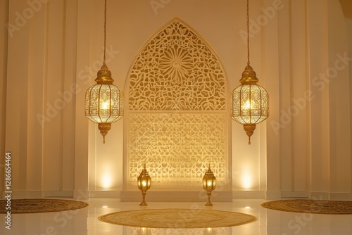 A clean and sophisticated scene featuring gold geometric patterns and hanging lanterns for eid and ramadan