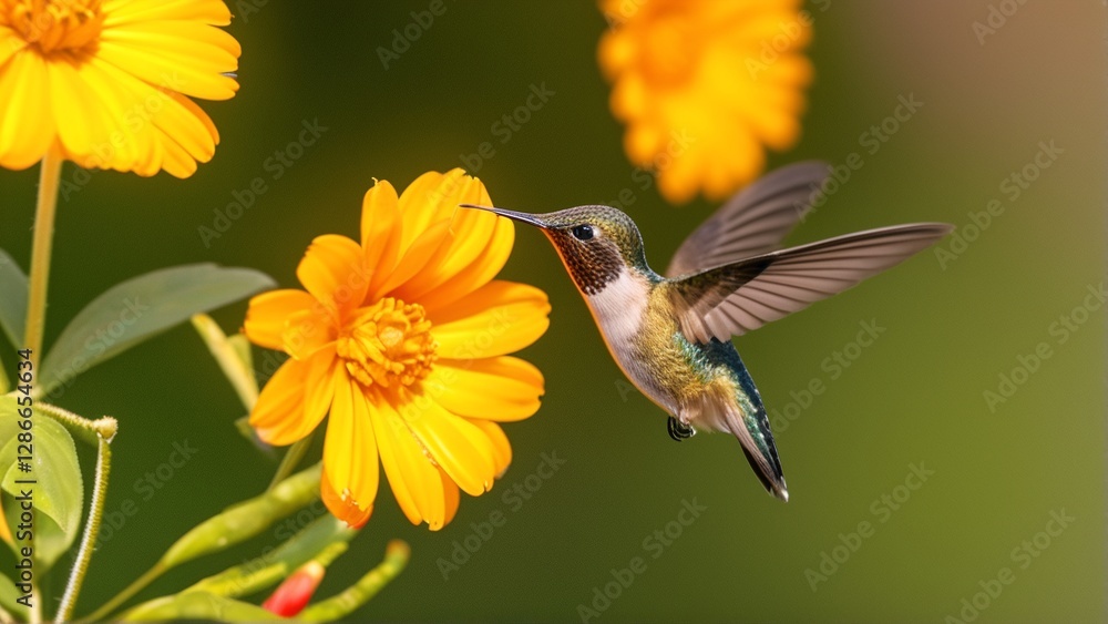 Fototapeta premium A hummingbird hovers near vibrant orange flowers, delicately sipping nectar.