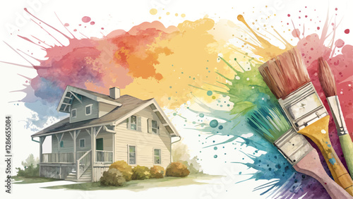 Watercolor abstract splash background with paintbrushes and translucent home structures, DIY renovation concept with copy space  