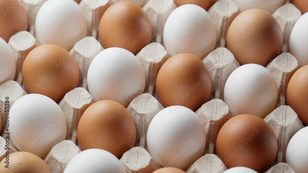 Eggs in egg carton rotating. Uncooked white and brown eggs. Organic food. Close-up of hen eggs. Farm fresh eggs rest in cozy carton. Farm concept. Close-up in 4K, UHD Eggs in egg carton rotating. Uncooked white and brown eggs. Organic food. Close-up of hen eggs. Farm fresh eggs rest in cozy carton. Farm concept. Close-up in 4K, UHD