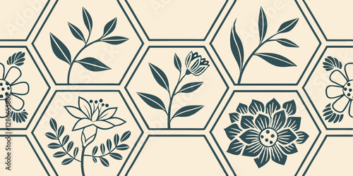 Illustrate a repeating hexagonal floral lattice pattern with clean, symmetrical structures.