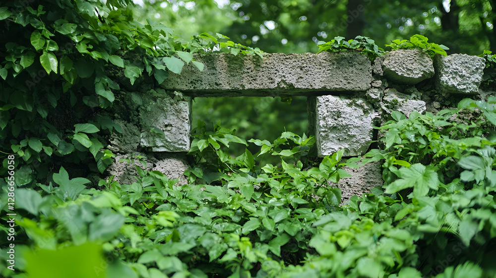 Overgrown stone wall in forest; nature reclaiming; background greenery; website banner Overgrown stone wall in forest; nature reclaiming; background greenery; website banner