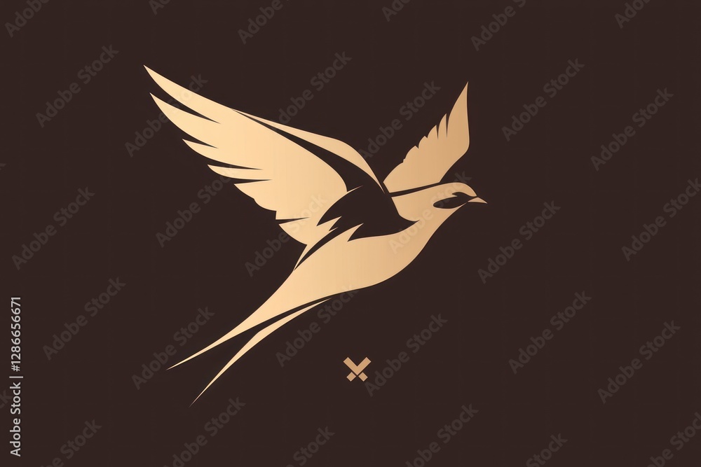 Gold bird soaring, dark background, stylized logo design