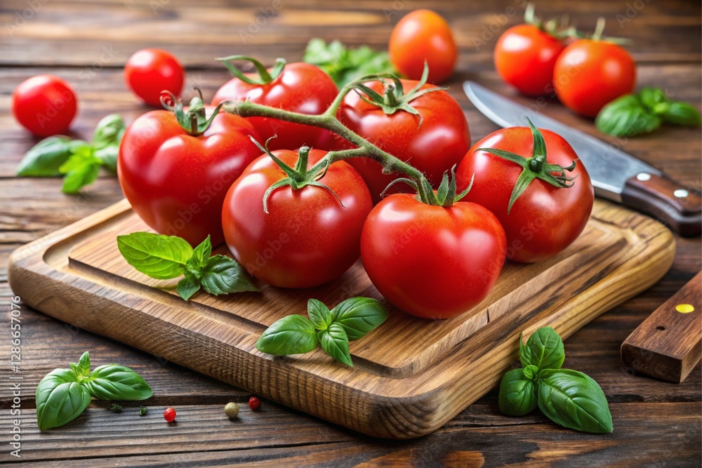 A wooden cutting board with a bunch of ripe red tomatoes and fresh basil leaves A wooden cutting board with a bunch of ripe red tomatoes and fresh basil leaves
