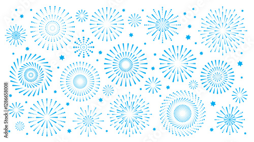 Israel Independence Day background with blue fireworks and confetti. Isolated objects on a white background. Vector illustration. Design elements for posters, banners, and greeting cards.