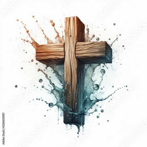 Wooden cross in baptismal water splash with suspended droplets and gradient backdrop