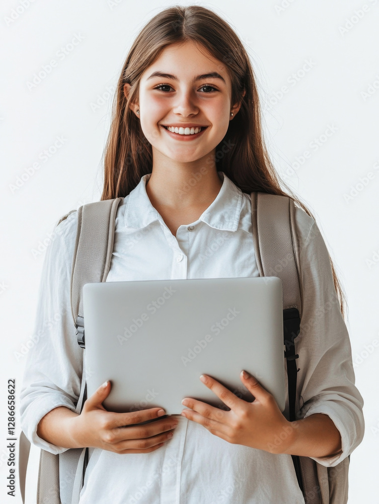 Portrait of smiling student, schoolgirl in white shirt and backpack with open book isolated on white background Portrait of smiling student, schoolgirl in white shirt and backpack with open book isolated on white background