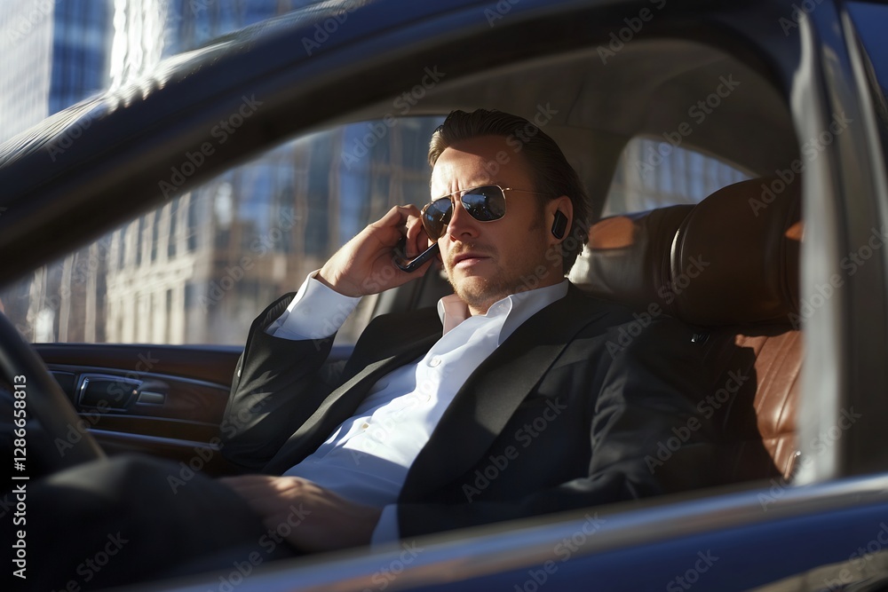 Confident businessman in suit on phone call in luxury car. Confident businessman in suit on phone call in luxury car.