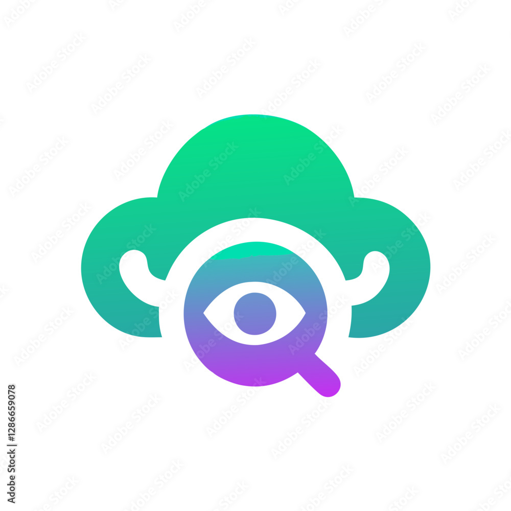 Cloud logo with magnifying glass and eye, digital technology concept Cloud logo with magnifying glass and eye, digital technology concept