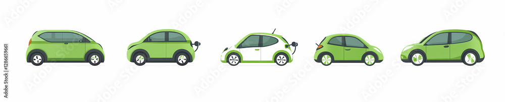 Sustainable Mobility: A collection of five electric vehicles showcasing eco-friendly transportation. Modern design, promoting a future of green transport and environmental consciousness Sustainable Mobility: A collection of five electric vehicles showcasing eco-friendly transportation. Modern design, promoting a future of green transport and environmental consciousness